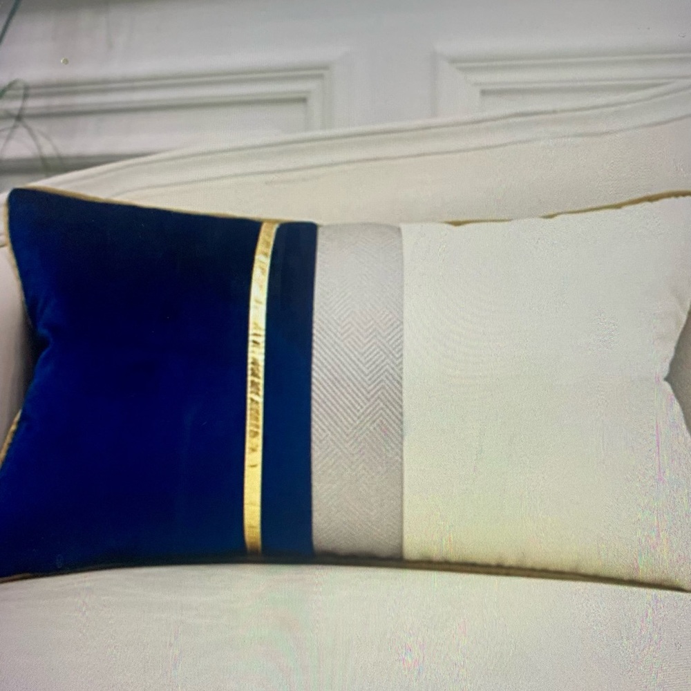 Navy Blue Velvet White Taupe Gold Pillow Cover